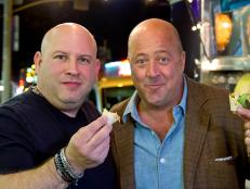 Andrew Zimmern and chef Lee Hefter eating at Glowfish Food Truck in Los Angeles