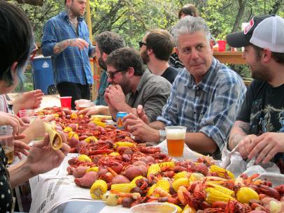 Anthony Bourdain at the Sleigh Bells Crawfish Cookout in Austin, TX