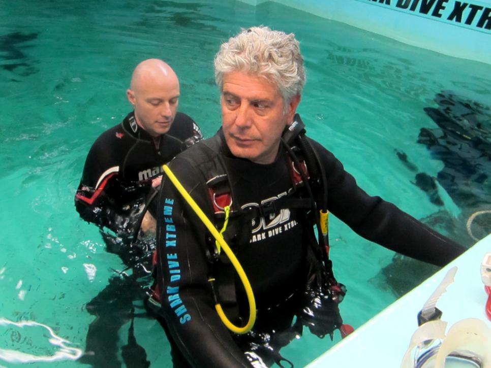 Bourdain gets ready for a shark dive