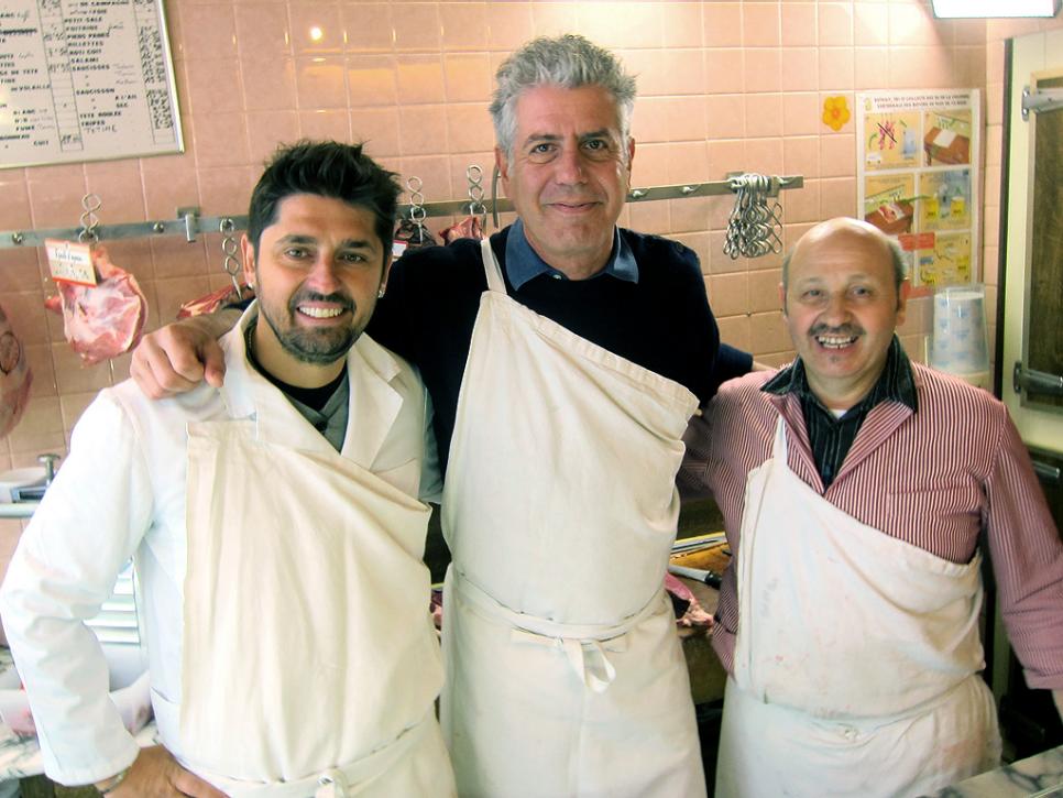 Tony Bourdain with chef Ludo Lefebvre and Auxerre butcher Monsieur Picard
