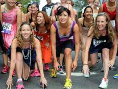 The Lost Girls -- Amanda, Holly and Jen --  get ready to run at the starting line in the first-ever Runaway Bridesmaids race in New York City.