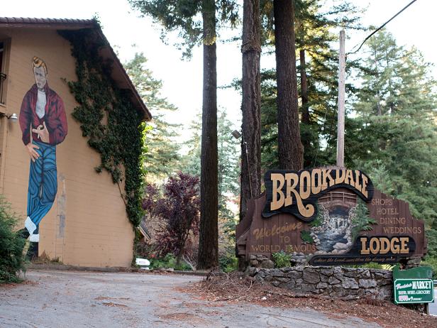 Welcome to Brookdale Lodge sign with mural of James Dean in background
