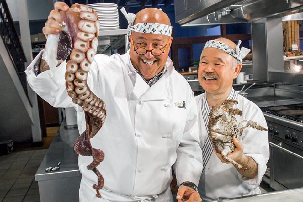 Andrew Zimmern with seafood in Vancouver