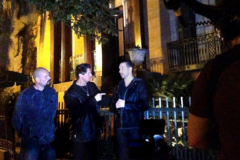 Zak Bagans, Nick Groff, Aaron Goodwin film outside the old Sorrel-Weed House