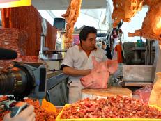  'Pork stall at Xochimilco Market in Mexico City as seen on Travel Channel's Bizarre Foods with Andrew Zimmern.'