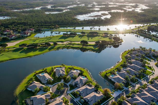 morning aerial view of golf community in south florida