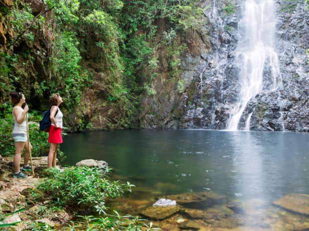 waterfall, jungle, tourists, belize