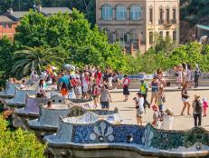 Park Guell, benches, tourists, Barcelona, Spain