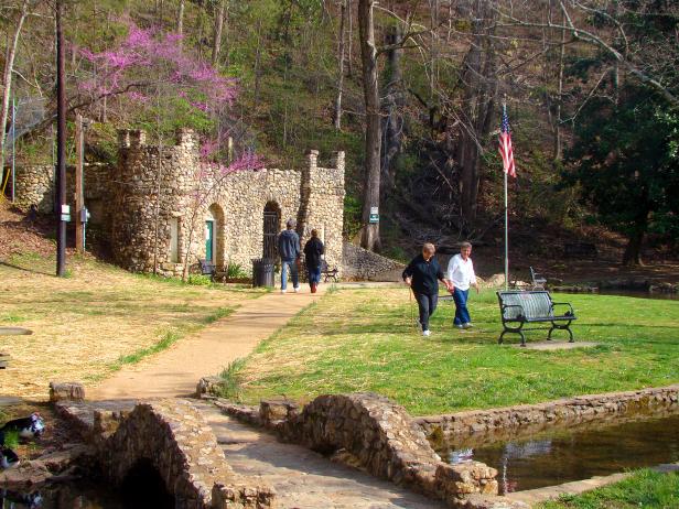 park, old castle, people walking, sunny day, green grass, georgia