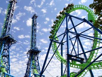rollercoaster, blue sky, loop, upside down,
