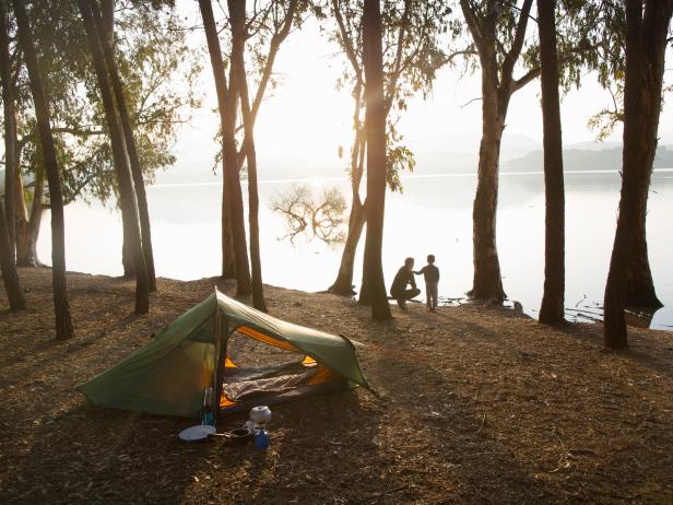 family, camping, tent, lake