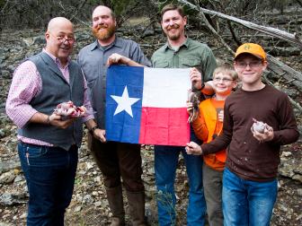 3 men, 2 boys, texas flag, hill country woods, hunting,