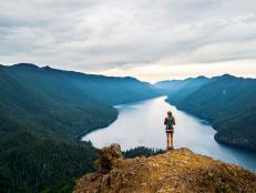panoramic, mountains, lake, high vantage point, woman hiker,