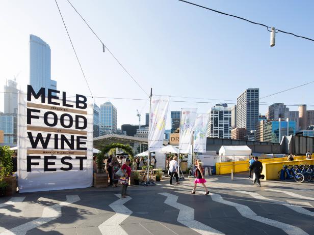 exterior shot of the melbourne food and wine festival at dusk