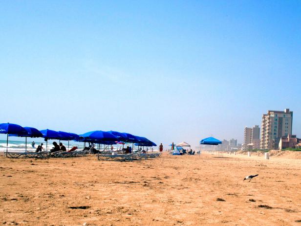people sitting on beach chairs with umbrellas on the beach with hotels in the background on the left during the daytime
