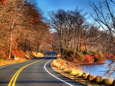 car on road with lake on right and colored fall foliage