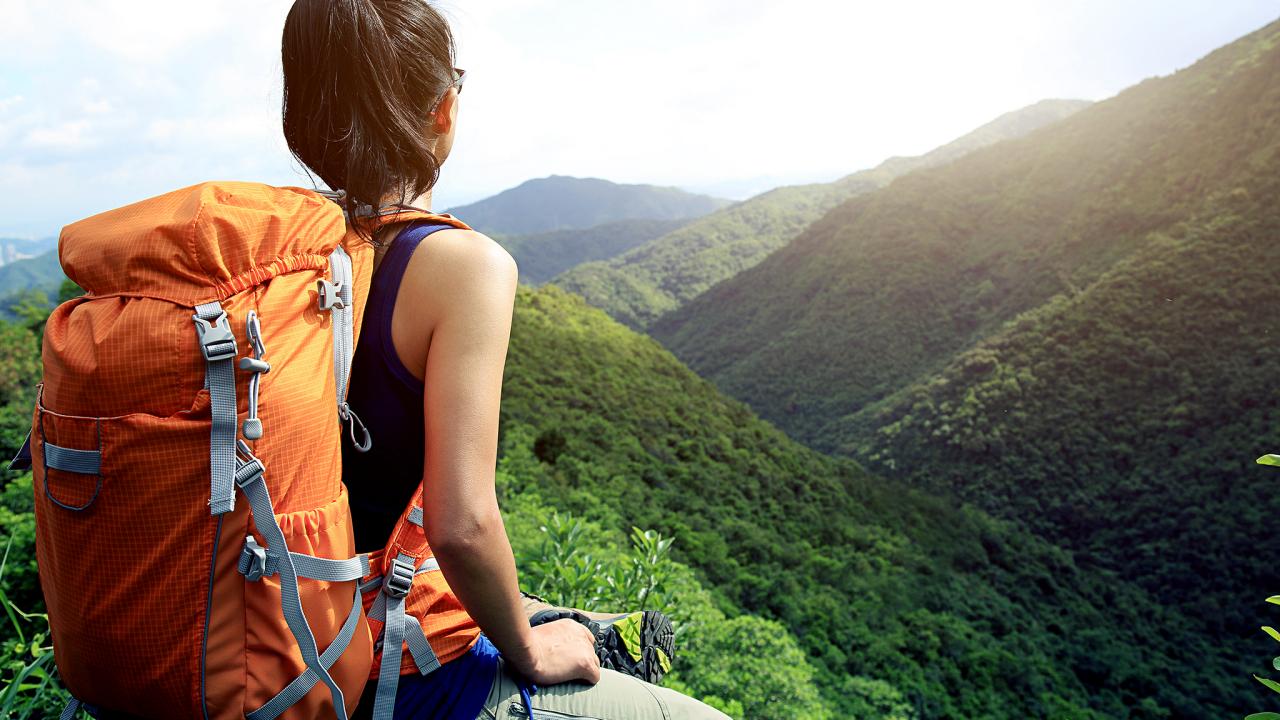 Hiking woman stops near lake in mountains, carries backback, holds thermos  of hot beverage, explores Stock Photo by wayhomestudioo