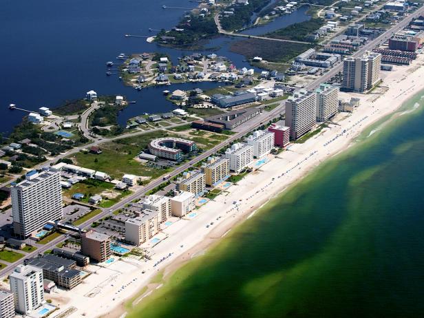 aerial view of the alabama gulf coast with hotels and beach