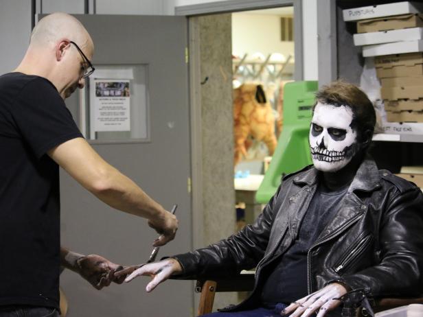 Makeup-effects artist working on Skeleton man at Robert Kurtzman's Mad FX Lab