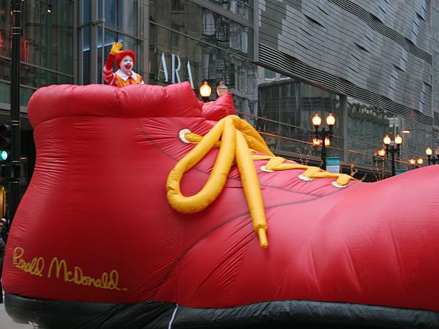 Ronald McDonald in a shoe float at the McDonald's Thanksgiving Parade in Chicago