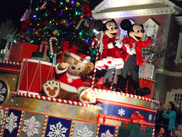 Minnie and Mickey on a float during holiday parade at Disney World in Orlando