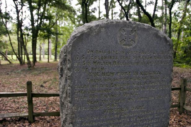 A stone marker at the site of the Roanoke Colony, the "Lost Colony," the first English settlement in the present-day United States.