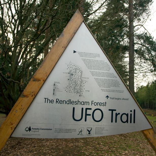 UFO trail sign at Rendlesham Forest, Suffolk, England (Photo by: Geography Photos/Universal Images Group via Getty Images)