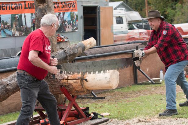 Bizarre Foods with  Andrew Zimmern. Andrew and Dave Stadler team up for handsaw competition at Lumberjack demonstration. Hackensack, Minnesota