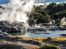 Waiting for the geyser to spout during a local tour of Whakarewarewa Thermal Village in Rotorua, New Zealand.
