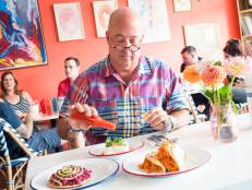 Host Andrew Zimmern tries food at Los Angeles' Trois Familia. As seen on Travel Channel's The Zimmern List.