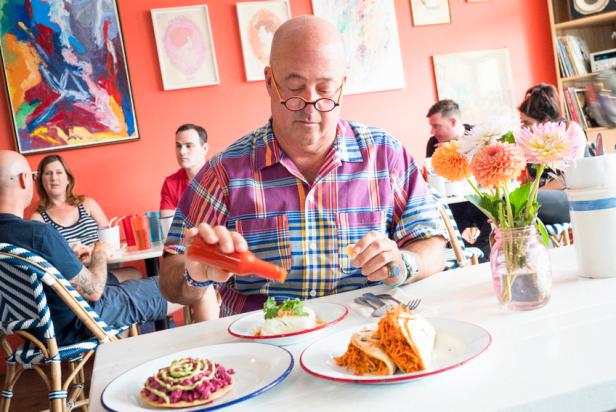 Host Andrew Zimmern tries food at Los Angeles' Trois Familia. As seen on Travel Channel's The Zimmern List.