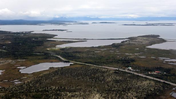 The village of Ilamna, Alaska is just a small cluster of buildings around crystal-clear Lake Iliamna, a nursery for wild salmon, which at 80 miles long is the largest U.S. freshwater lake outside the Great Lakes. (Bill Roth/Anchorage Daily News/MCT via Getty Images)