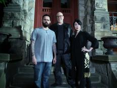 3 Quarters hero shot of Shane Pittman (left), Dave Schrader (center), and Cindy Kaza (right) in front of Franklin Castle in Cleveland OH, as seen on Travel Channel's The Holzer Files.