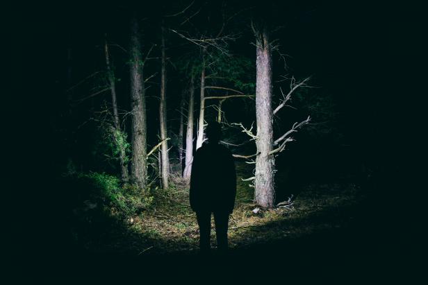Woman with headlamp in a creepy forest at night