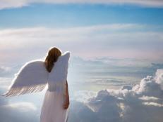 Woman with angel wings standing over clouds in the blue sunny sky