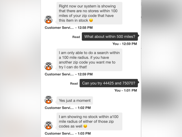 Screenshot of Beth's conversation with a Home Depot chat representative.