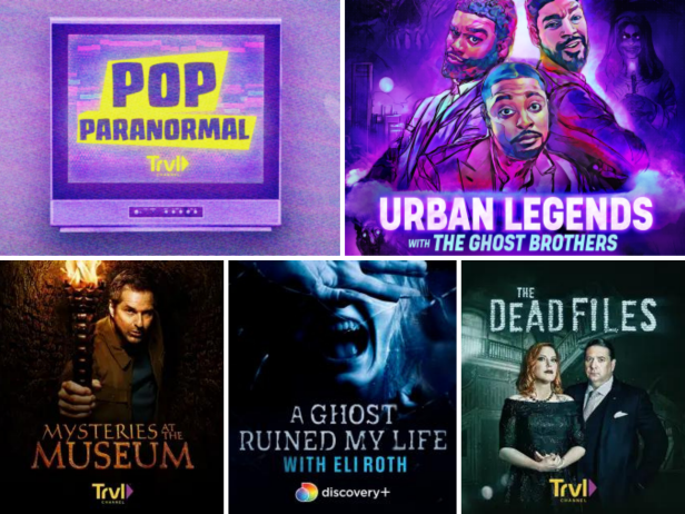 Key art for podcasts clockwise from top left to right: Pop Paranormal and Urban Legends with the Ghost Brothers. From bottom left to right: Mysteries at the Museum, A Ghost Ruined My Life with Eli Roth, and The Dead Files. 