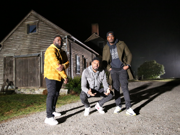 Hero shot of the Ghost Brothers, Marcus Harvey, Juwan Mass & Dalen Spratt posing in front of the location for the investigation at the Conjuring House in Burrillville, RI as seen on Travel Channel.