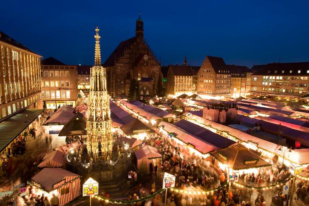 Nuremberg's Christkindlesmarkt takes place in the city’s Main Market Square. As one of the largest Christmas markets in Germany, the event features some 180 booths selling Christmas goods such as mulled wine, spicy gingerbread and roast sausages.