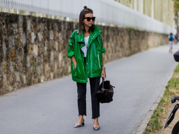 PARIS, FRANCE - SEPTEMBER 30: Natasha Goldenberg wearing a green jacket and Loewe bag outside Loewe on September 30, 2016 in Paris, France. (Photo by Christian Vierig/Getty Images)