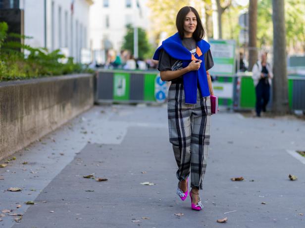 PARIS, FRANCE - OCTOBER 04: Gilda Ambrosio wearing plaid pants outside Ellery on October 4, 2016 in Paris, France. (Photo by Christian Vierig/Getty Images)