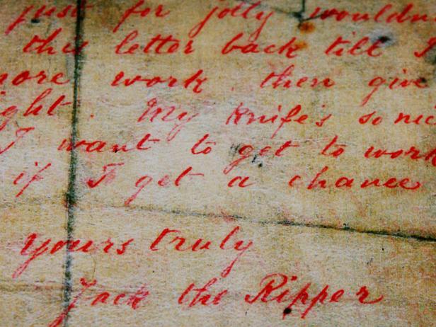 A letter allegedly written by Jack the Ripper and sent to a London news agency on Spetember 25, 1888 is displayed at a press preview of the 'Jack the Ripper and the East End' exhibition at Museum in Docklands, in London, on May 14, 2008. Returning to the scene of London?s most infamous crimes in 'Jack the Ripper and the East End', the exhibition explores the Jack the Ripper murders and their enduring legacy. Visitors can examine orginal documents and artefacts from the investigation and follow the crimes as they unfolded. The exhibition runs until November 2, 2008. AFP PHOTO/Carl de Souza (Photo credit should read CARL DE SOUZA/AFP/Getty Images)