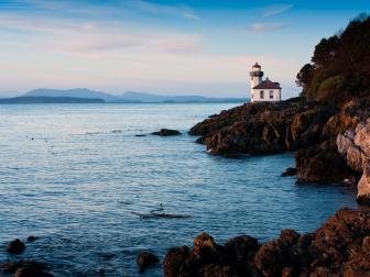 The Lime Kiln Lighthouse sits on Haro Strait on the west coast of San Juan Island in the Puget Sound area of Washington State.