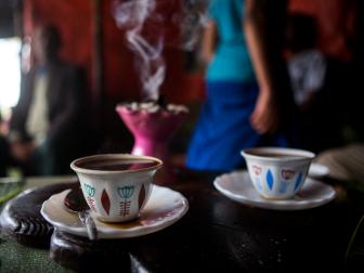 WOLDIA, ETHIOPIA - FEBRUARY 24: Ethiopian traditional coffee ceremony with incense burning on charcoal, semien wollo zone, woldia, Ethiopia on February 24, 2016 in Woldia, Ethiopia.  (Photo by Eric Lafforgue/Art in All of Us/Corbis via Getty Images)