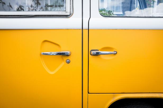 London, England - May 23, 2014: Side view of the door handles of an old VW bus  in London, England.