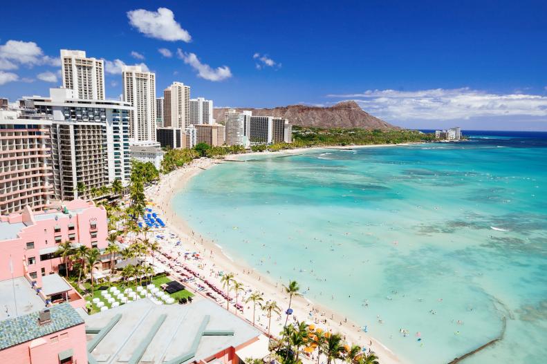 Waikiki beach and diamond head crater in Honolulu, Oahu, Hawaii, USA. resort vacation destination