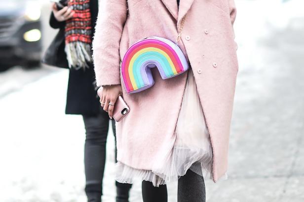 NEW YORK, NY - FEBRUARY 09:  A guest is seen with a rainbow bag outside of the Tadashi Shoji show during New York Fashion Week: Women's Fall/Winter 2017  on February 9, 2017 in New York City.  (Photo by Daniel Zuchnik/Getty Images)