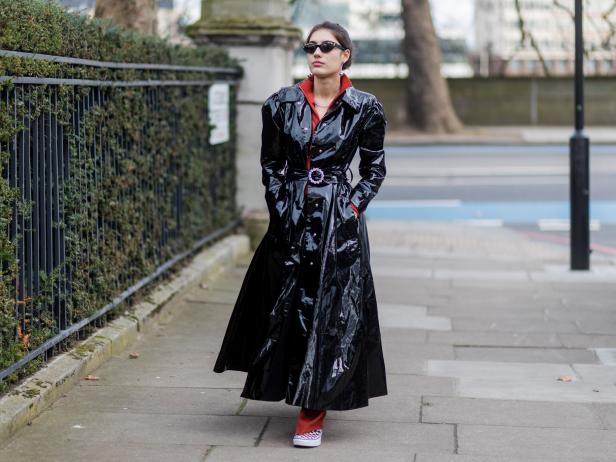 LONDON, ENGLAND - FEBRUARY 20: Patricia Manfield wearing a vinyl coat, tracksuit outside Christopher Kane on day 4 of the London Fashion Week February 2017 collections on February 20, 2017 in London, England. (Photo by Christian Vierig/Getty Images)