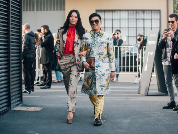 MILAN, ITALY - FEBRUARY 22:  Tina Leung, Bryanboy wear Gucci  outside the Gucci show during Milan Fashion Week Fall/Winter 2017/18 on February 22, 2017 in Milan, Italy.  (Photo by Melodie Jeng/Getty Images)