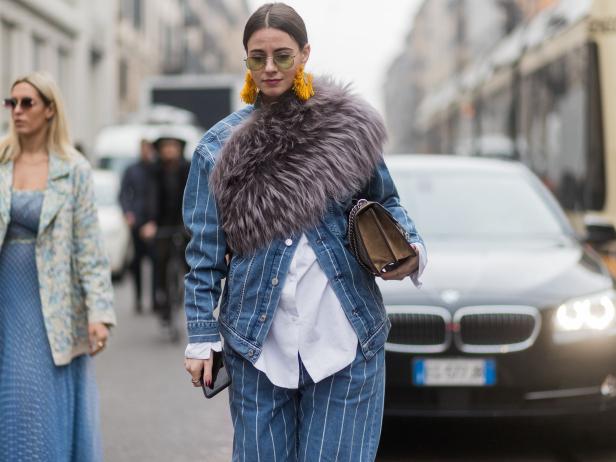 MILAN, ITALY - FEBRUARY 23: Zina Charkoplia wearing a striped jacket and pants, Gucci bag outside Emilio Pucci during Milan Fashion Week Fall/Winter 2017/18 on February 23, 2017 in Milan, Italy. (Photo by Christian Vierig/Getty Images)
